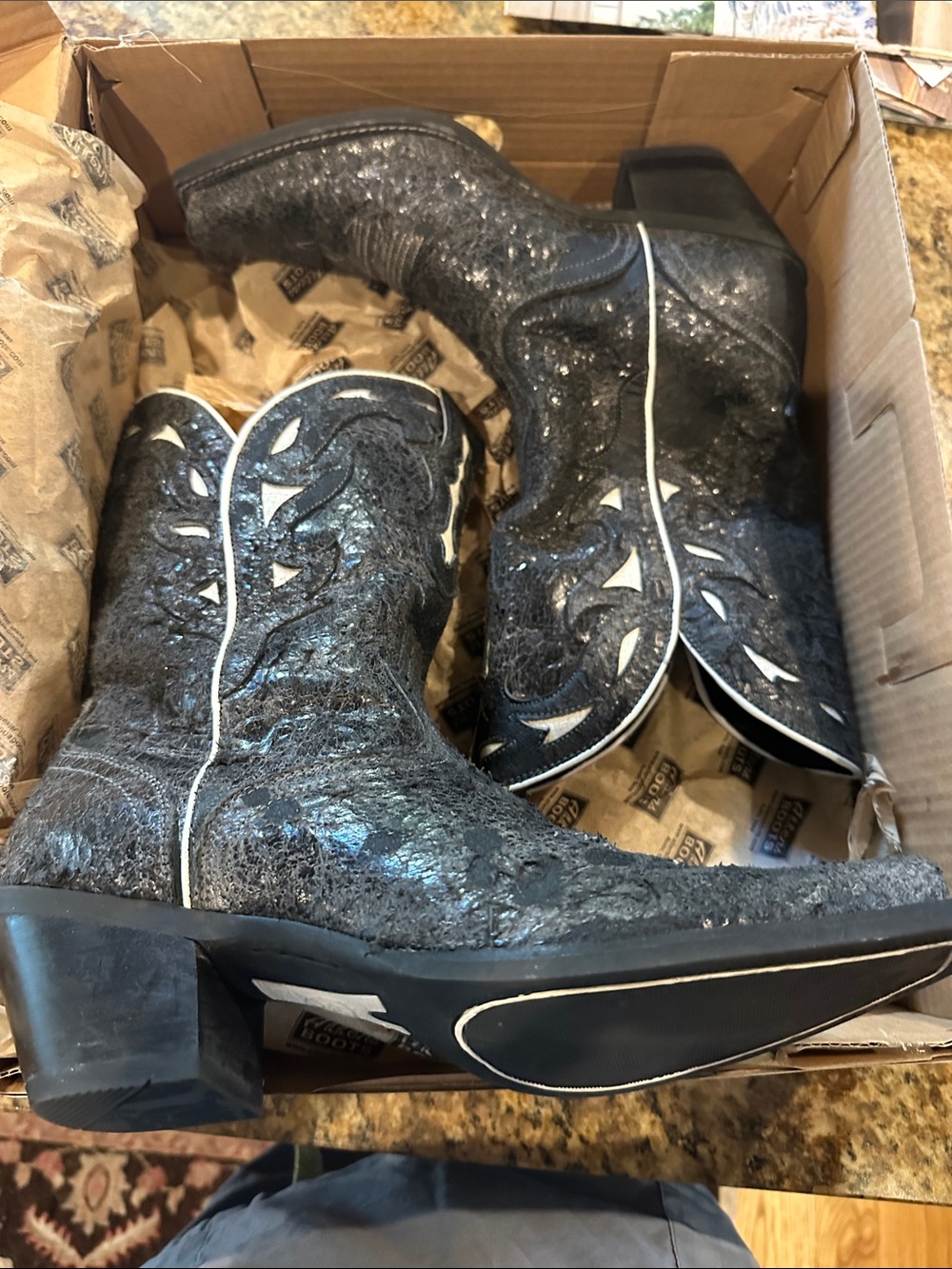 Ariat Black Glitter Western Ankle Boots with White Piping